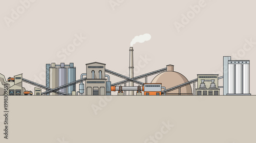 An industrial scene depicting a factory producing infrastructure with smoke and pipes.