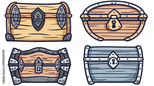 Four cartoon treasure chests with metal accents, various shapes and wood styles