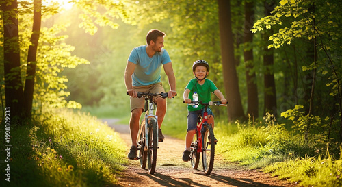 Father, son riding bicycles, cycling in forest, family fun, outdoor activity