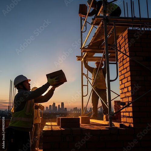 Construction worker building wall.