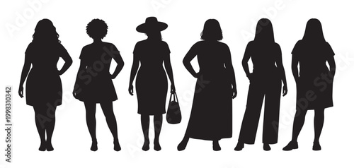 Silhouettes of various women with different body shapes and outfits standing in a row representing body positivity