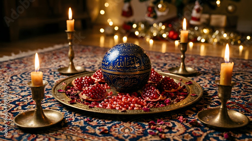 Festive Table Setting with Candles: A cozy, warm scene unfolds, showcasing a meticulously arranged table adorned with lit candles, a decorated orb, and a scattering of vibrant pomegranates.