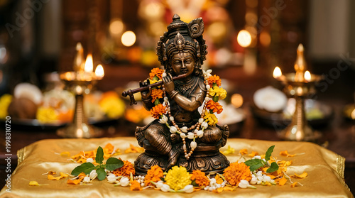 Divine Krishna Sculpture Adorned with Flower Garlands: A close-up shot of a meticulously crafted statue of Krishna, a deity.