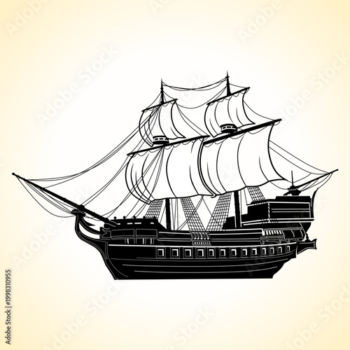 Detailed silhouette of a classic sailing ship with multiple masts and full sails, showcasing a vintage maritime vessel in elegant black vector style.