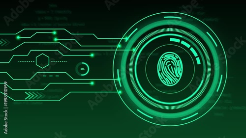 Digital fingerprint scanner with circuitry and code. Fingerprint scanner technology. Digital fingerprint scanner for cybersecurity and protected data access visualizations.