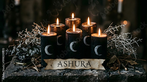 Candlelit Ashura: A mystical arrangement of glowing candles casts an aura of enchantment, their flames dancing upon the darkness, while the word 'Ashura' written at the bottom.