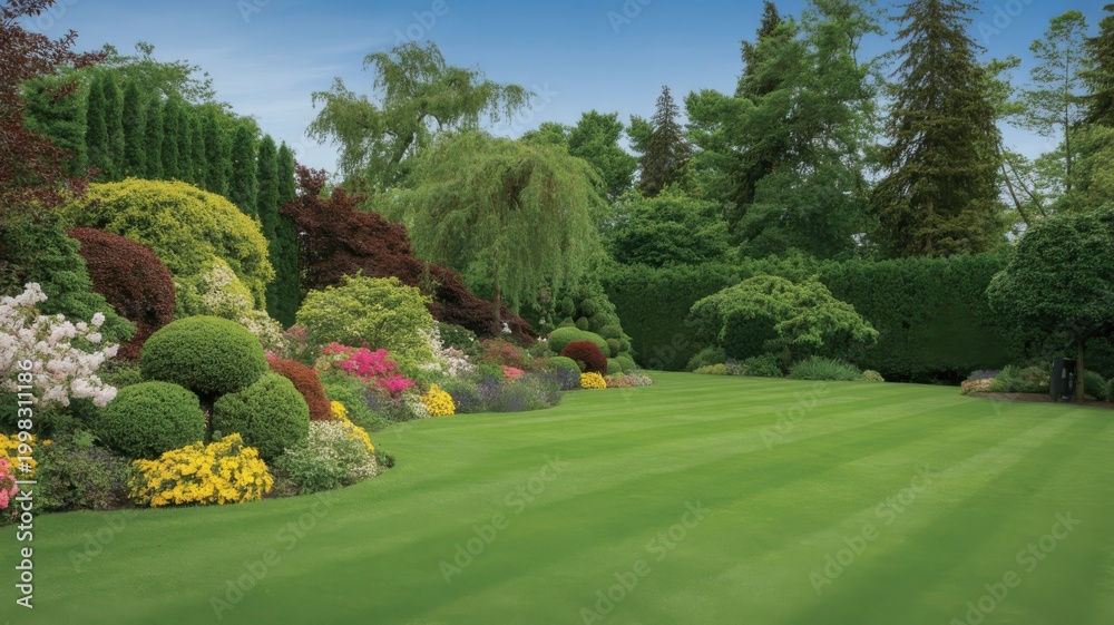 Obraz premium Lush green garden landscape with sculpted topiary and colorful azaleas