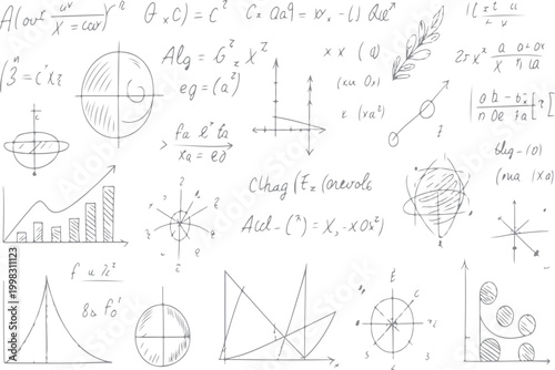 A seamless vector pattern of hand-drawn math and physics formulas sketched as a chalkboard doodle for school education and science design