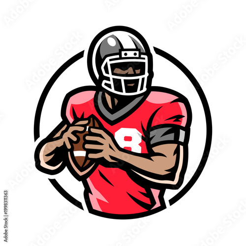 American football player with ball logo, emblem.