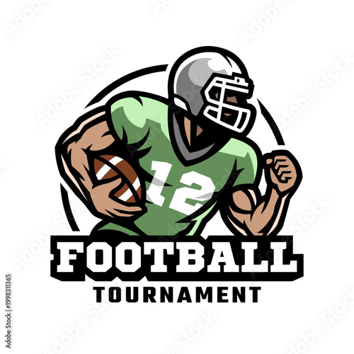 American football player with ball logo, emblem.