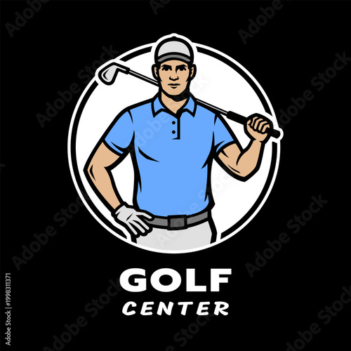 Golf center logo. A man with a golf club on a dark background.