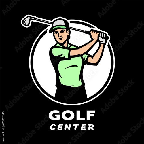 Golf center logo. Girl with a golf club on a dark background.