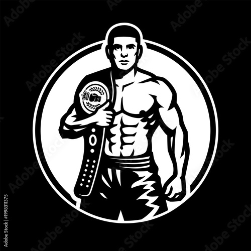 Boxer with championship belt, logo on dark background.