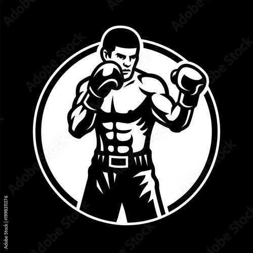 Silhouette of a boxer in a stance, logo on a dark background.