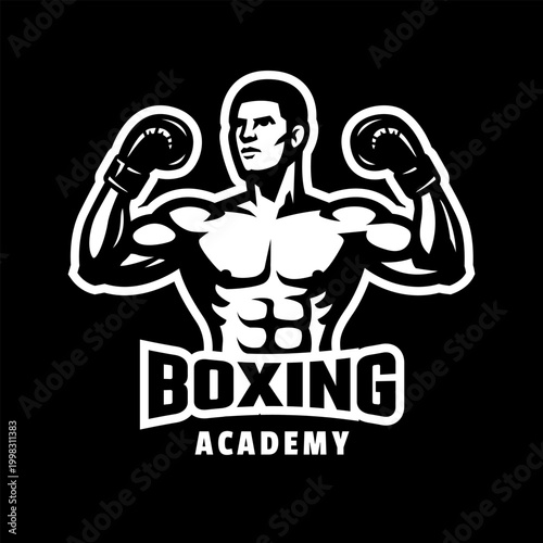 Silhouette of a boxer in a stance, logo on a dark background.