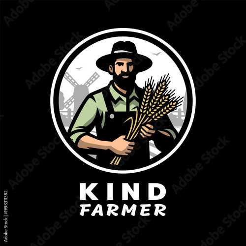 Kind farmer. Farmer holding wheat logo on dark background.