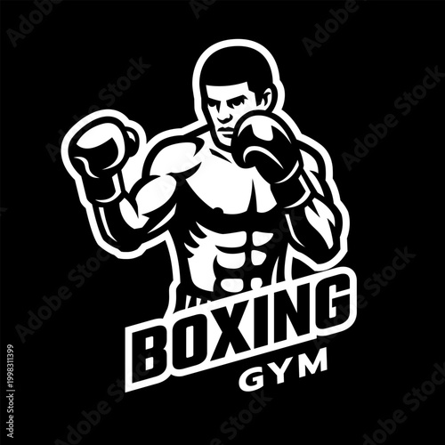 Silhouette of a boxer in a stance, logo on a dark background.