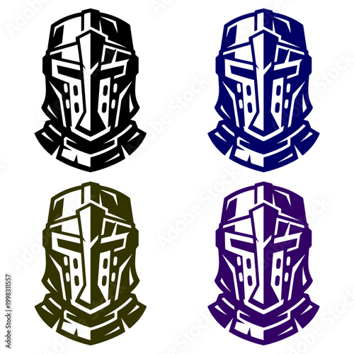 Professional set of stylized knight helmet mascots in four colors for gaming teams sports branding and vector design projects perfect for logos and apparel
