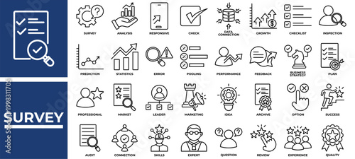 Survey icon set collection. Containing statistics, analyze, increase, partnership, question, review, feedback .Line vector icons collection