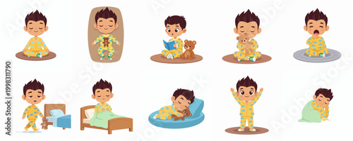 Cute Boy in Pajamas Performing Various Daily Sleepy Time Activities and Poses