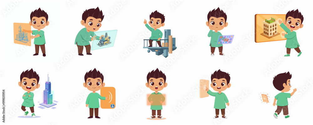 Obraz premium Cheerful Young Boy Character Engaged in Architectural Design and Construction Activities Collection