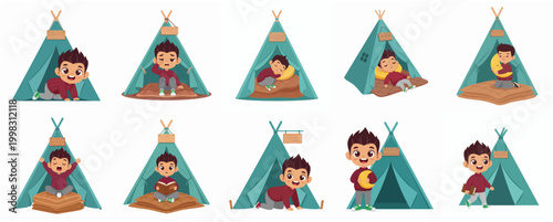 Adorable Cartoon Boy Enjoying Various Activities Inside and Around a Teal Teepee Tent