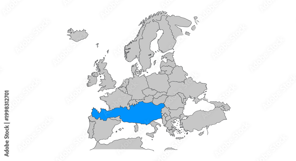 Fototapeta premium Europe map highlighting Southern Europe in blue, with copy space