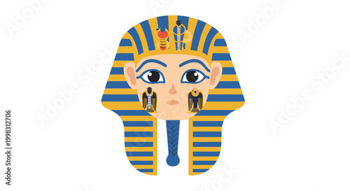 Egyptian Pharaoh Tutankhamun Mask Illustration with Hieroglyphs and Copy Space