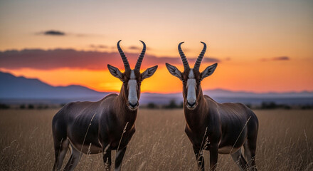 Sable antelopes, wildlife photography, savannah landscape, African animals, sunset background