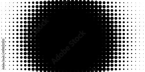Radial halftone spotted gradient background. Dotted stains concentric texture with fading effect. Black and white circle shade wallpaper. Grunge rough vector. Monochrome geometric backdrop.