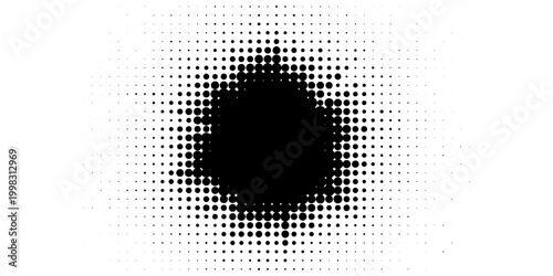Radial halftone spotted gradient background. Dotted stains concentric texture with fading effect. Black and white circle shade wallpaper. Grunge rough vector. Monochrome geometric backdrop.