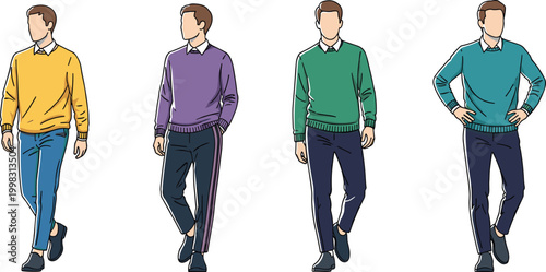 Male Character Set Wearing Casual Business Attire with Sweaters and Collared Shirts in Various Standing Poses Isolated Flat Vector Illustration for Fashion and Lifestyle