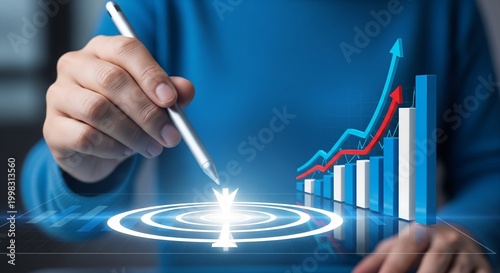 Business growth chart with target and hand holding pen, concept for success and strategy