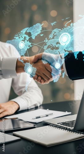 Business handshake over digital world map overlay, global business concept