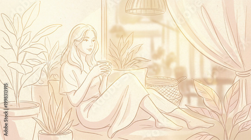 Line art illustration of a woman relaxing with a cup of coffee at home