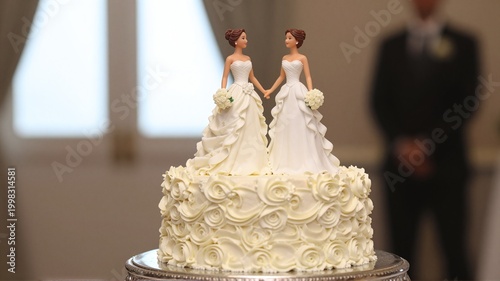 Two women cake toppers representing same-sex marriage on a wedding cake indoors.