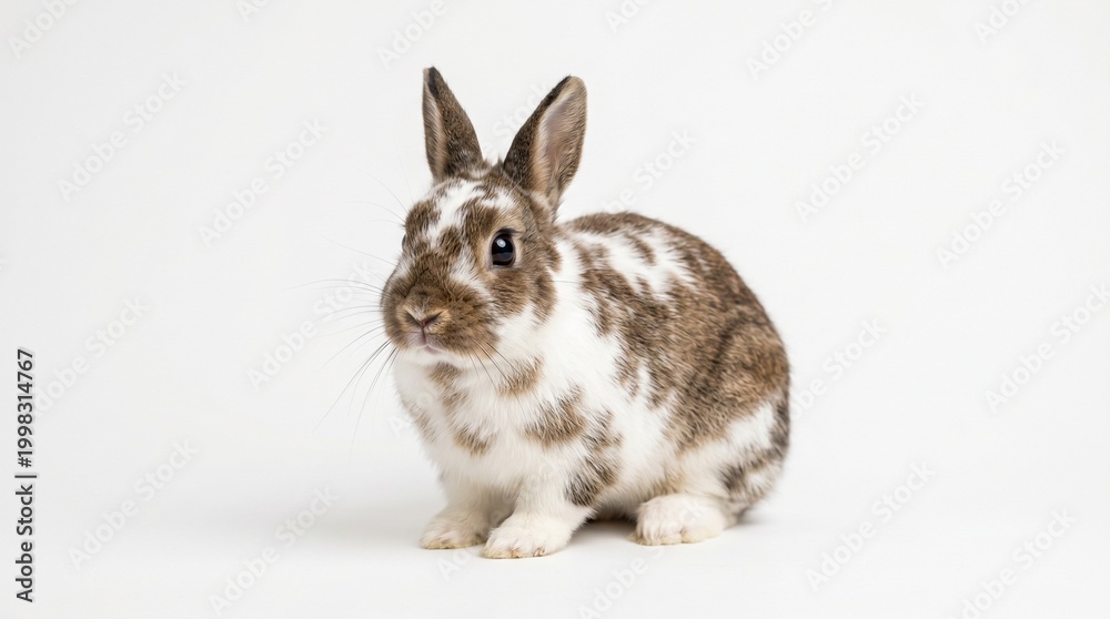 Obraz premium High-detail studio portrait of a brown and white spotted dwarf rabbit isolated on white
