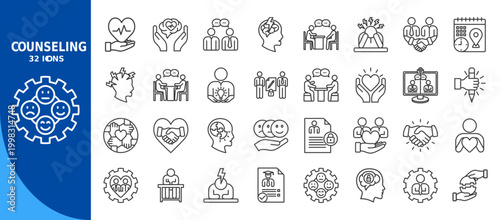 Counseling outline icon set. Contain counseling, wellness, healing, support, guidance, mentalhealth, selfcare, resilience, stress, anxiety, depression