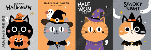 Happy Halloween greeting card with cute black cat in ghost costume and spooky pumpkin. Animal holidays cartoon character. -Vector.