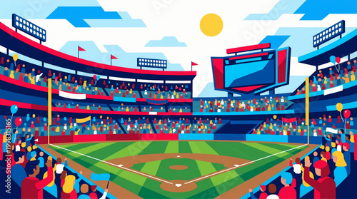Flat vector illustration of a crowded baseball stadium