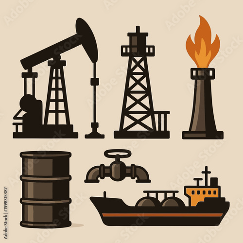 An illustration of a fueling station and oil rig, representing oil extraction and distribution processes.