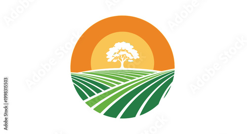 Stylized agricultural landscape vector illustration with tree, sun, and green fields at sunrise or sunset, representing nature and growth