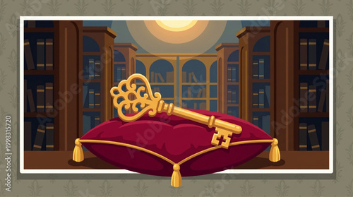 Golden antique key resting on velvet pillow in library