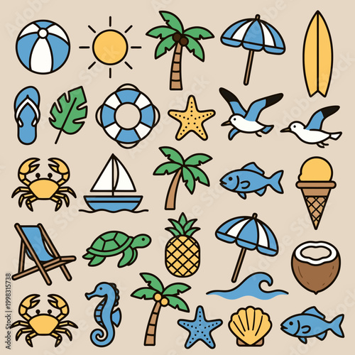 A vibrant collection of summer and beach-themed icons, including sun, palm trees, beach ball, umbrella, surfboard, flip-flops, marine life, and tropical fruits.