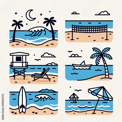 Minimalist line art illustration of various beach scenes including palm trees, waves, volleyball net, lifeguard tower, surfboard, and umbrella, depicting summer vacation and leisure activities.