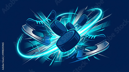 Dynamic ice hockey action motion with skates and pucks