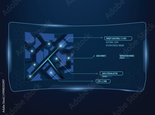 Futuristic HUD interface digital city map with navigation data points, ETA, and altitude status. GPS tracking concepts.