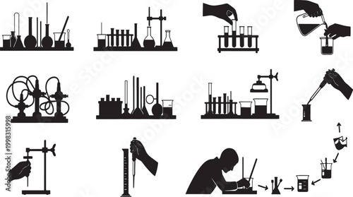 Set of vector silhouettes of people with industrial city buildings factories and energy industry icons illustration