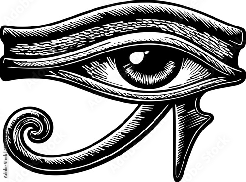 Ancient egyptian eye of horus symbol in detailed line art engraving style, representing protection and power, mystical hieroglyph