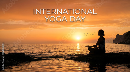 International Yoga Day: A silhouette of a woman in deep meditation against a backdrop of a vibrant sunset, promoting mindfulness, tranquility, and inner peace.